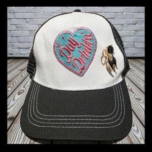 Upcycled Women's Trucker Hat Black And White With Cat Brooch